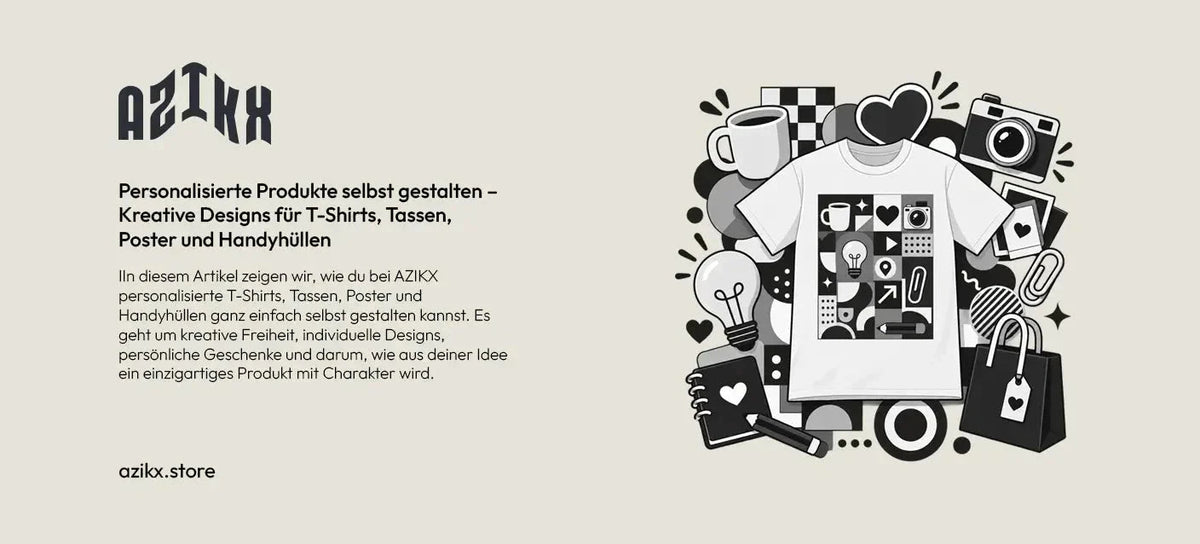 Gestalte personalisierte T-Shirts, Tassen, Poster und Handyhüllen bei azikx.store. Lade dein Design hoch und gestalte ganz einfach originelle Produkte selbst. - AZIKX