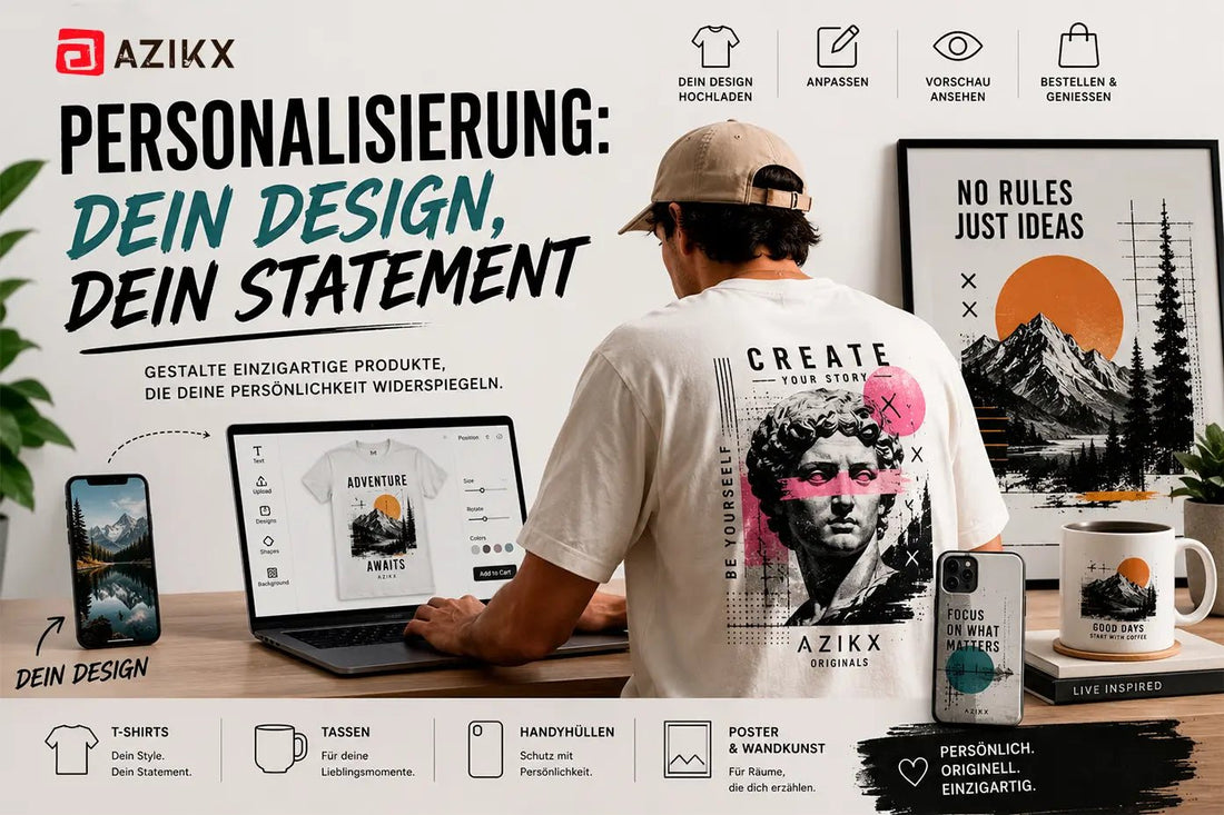 Gestalte personalisierte T-Shirts, Tassen, Poster und Handyhüllen bei azikx.store. Lade dein Design hoch und gestalte ganz einfach originelle Produkte selbst. - AZIKX