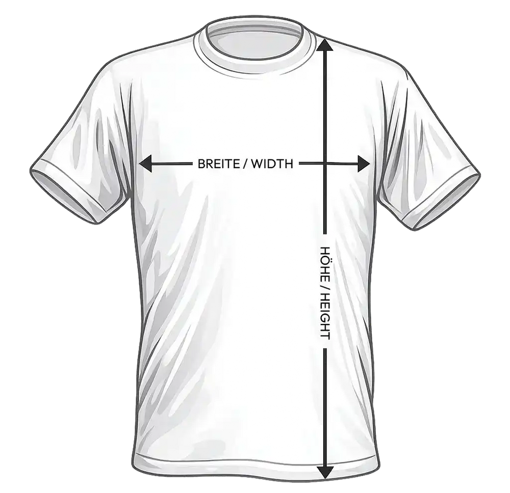 T-Shirt Größentabelle mit Anleitung zur Messung von Breite und Höhe.