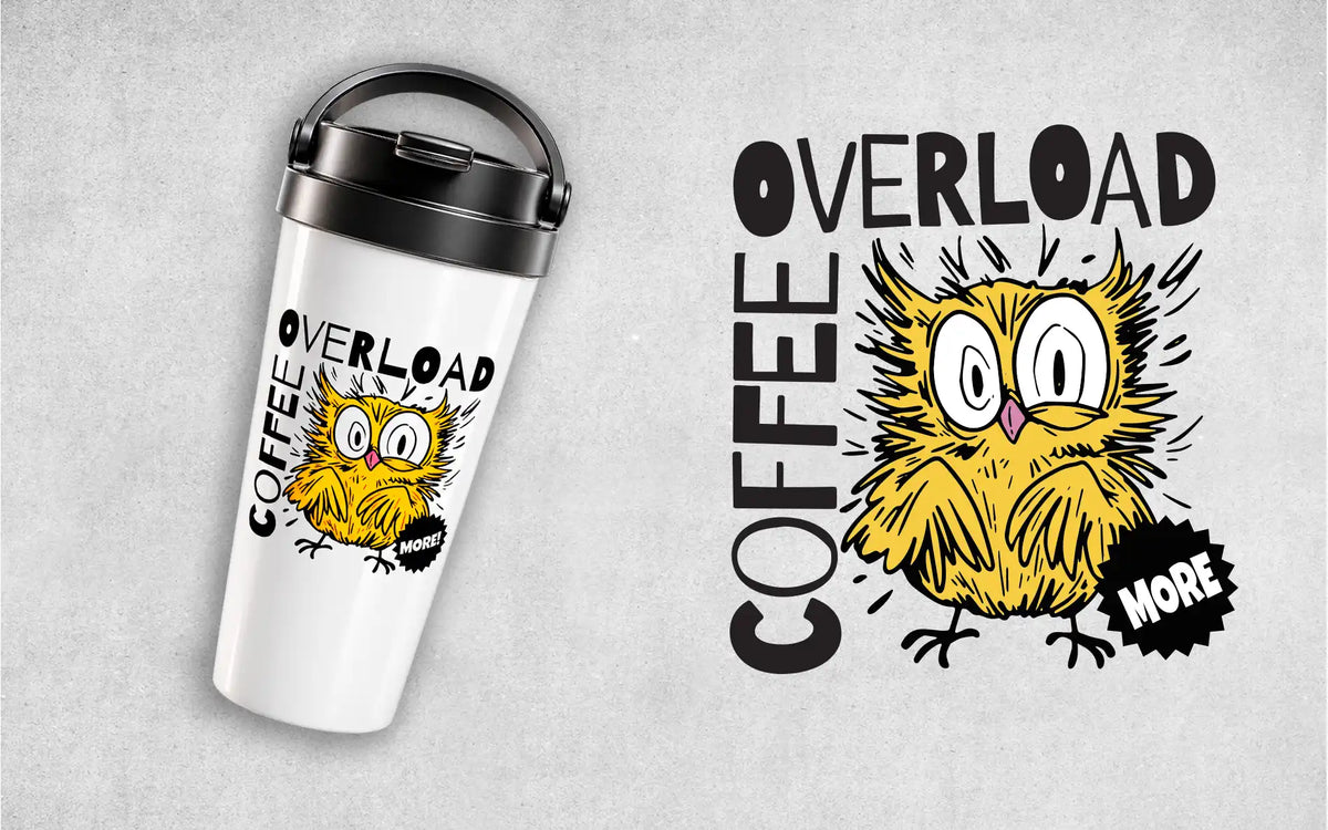 AZIKX Isolierbecher mit lustigem Eulen-Motiv und „Coffee Overload More“-Schriftzug