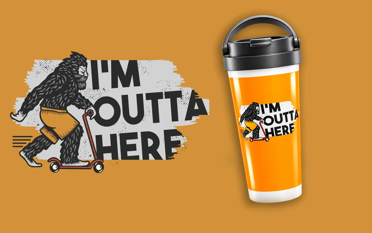 AZIKX Isolierbecher mit Bigfoot auf einem Roller und „I'm Outta Here“-Motiv