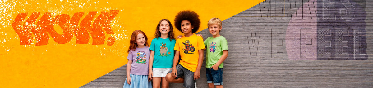AZIKX Kinder-T-Shirts – vier Kinder in bunten T-Shirts mit Tier-, Motorrad- und Fantasy-Motiven vor einem farbenfrohen Hintergrund