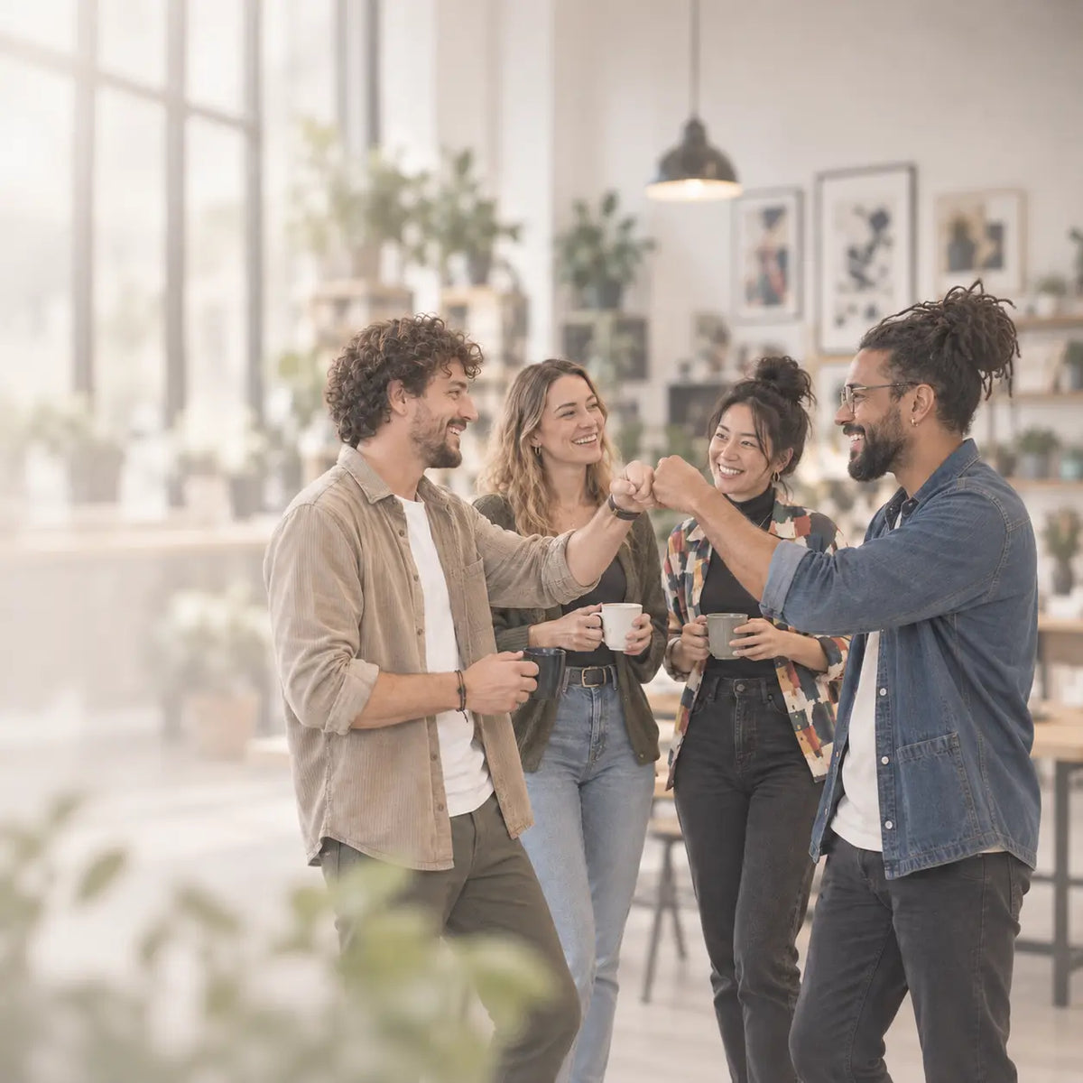AZIKX kreatives Team in einem modernen Studio – vier Menschen tauschen sich aus und zeigen Zusammenhalt mit einem freundschaftlichen Faustgruß
