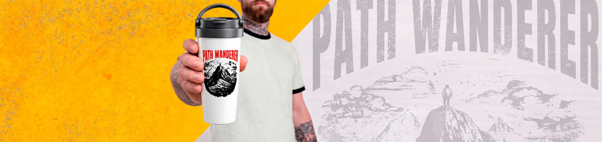 AZIKX Path Wanderer Isolierbecher mit Bergmotiv in einem Outdoor-Banner