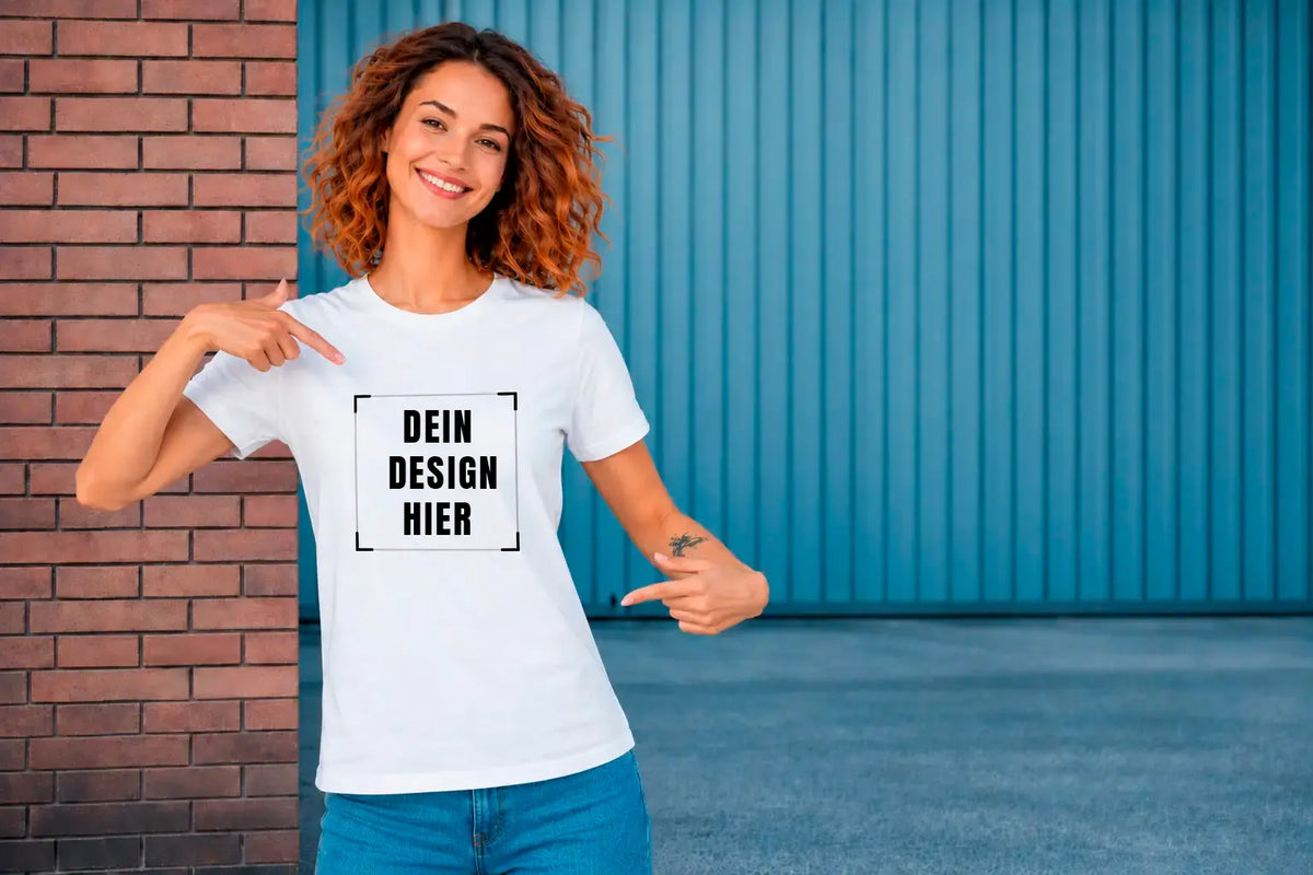 AZIKX personalisierbares weißes T-Shirt mit „Dein Design hier“-Schriftzug, präsentiert von einer Frau
