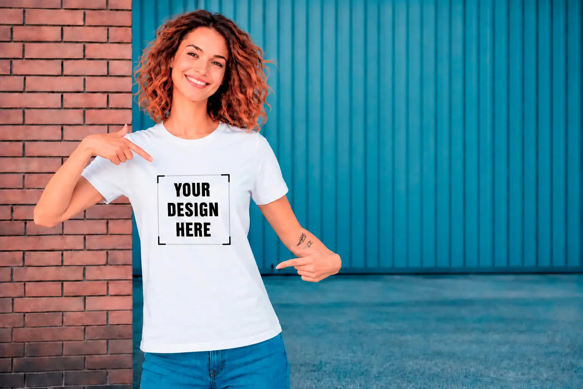 AZIKX customizable white unisex T-shirt with “Your Design Here” text, modeled by a woman_