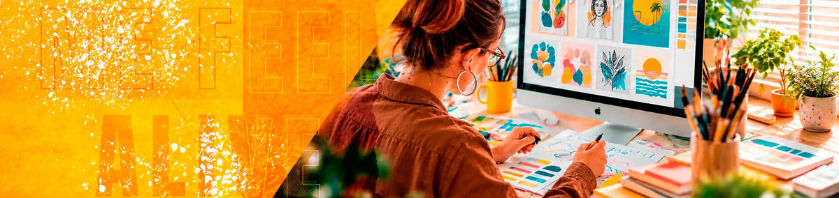 AZIKX Kreativstudio – Grafikdesignerin gestaltet farbenfrohe Illustrationen und kreative Motive am Computer
