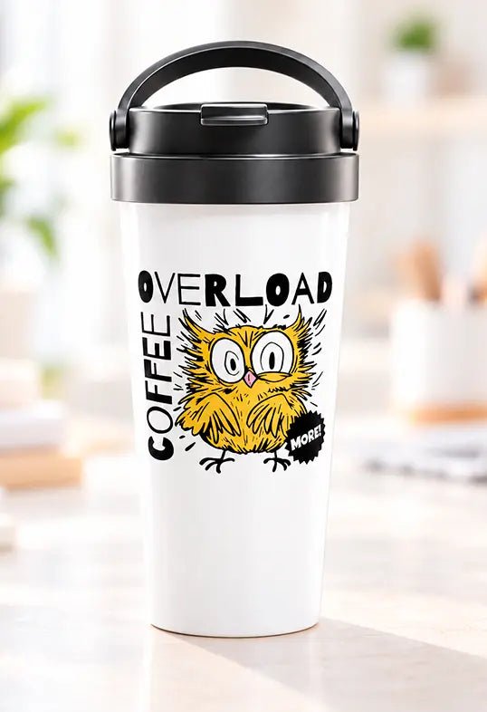 AZIKX weißer Edelstahl-Isolierbecher mit lustigem Eulen-Motiv und „Coffee Overload More“-Schriftzug