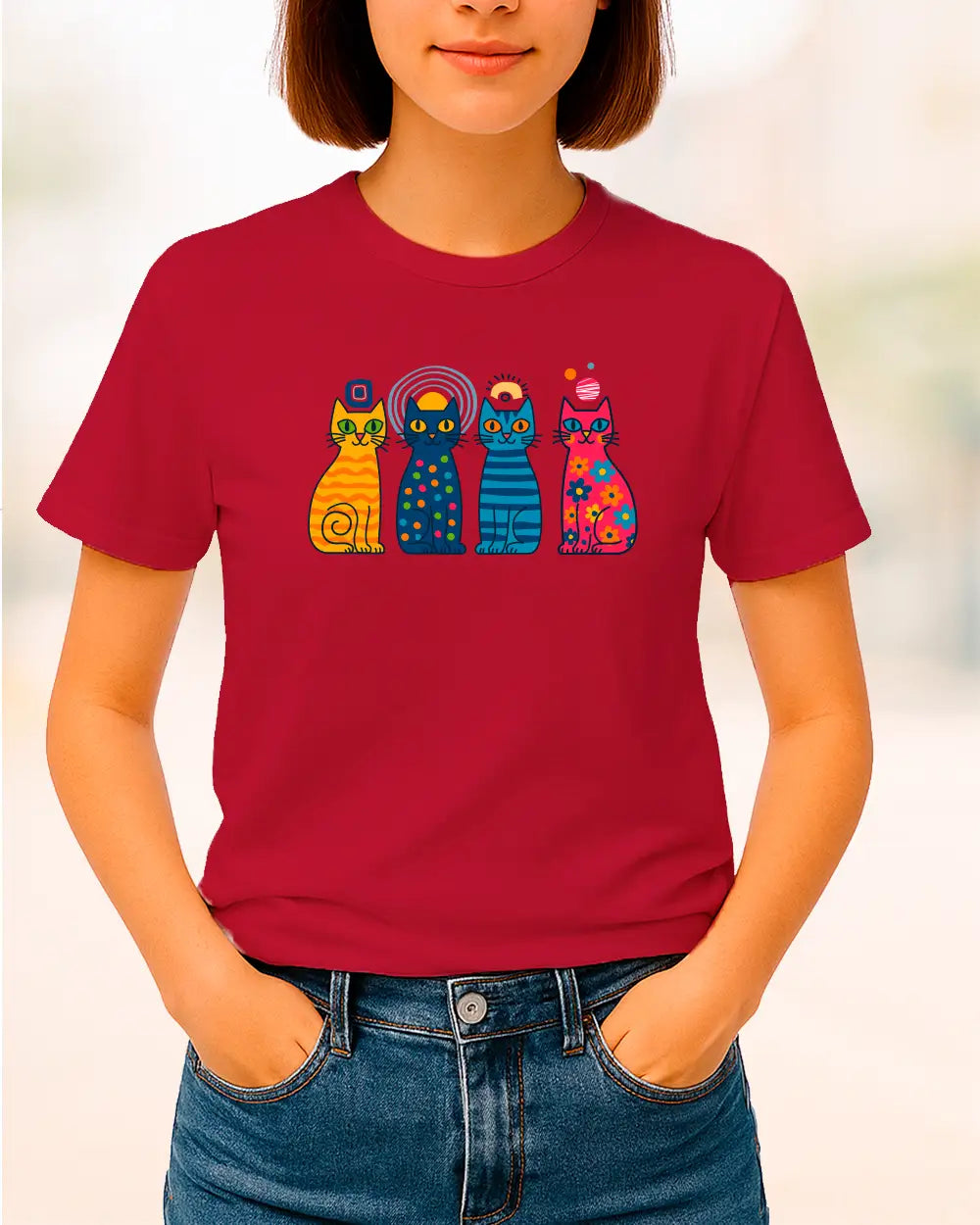 Red t-shirt with colorful illustrated cats graphic on the front
