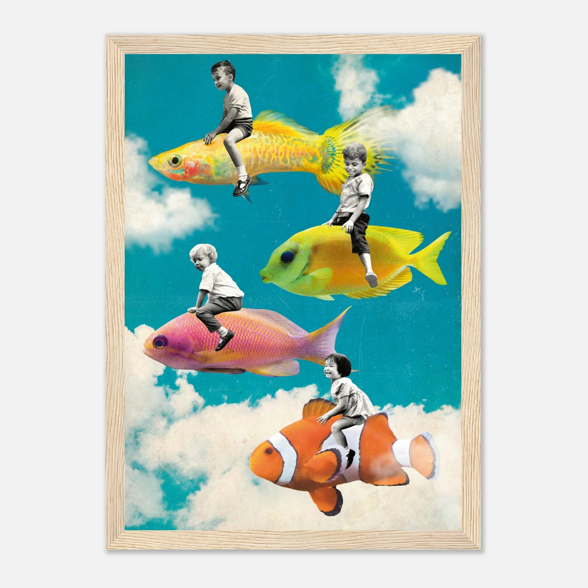 „Dream Riders“ – Surreales Fisch Poster mit Holzrahmen | Fantasie Wandkunst – Poster for everyday use | azikx.store