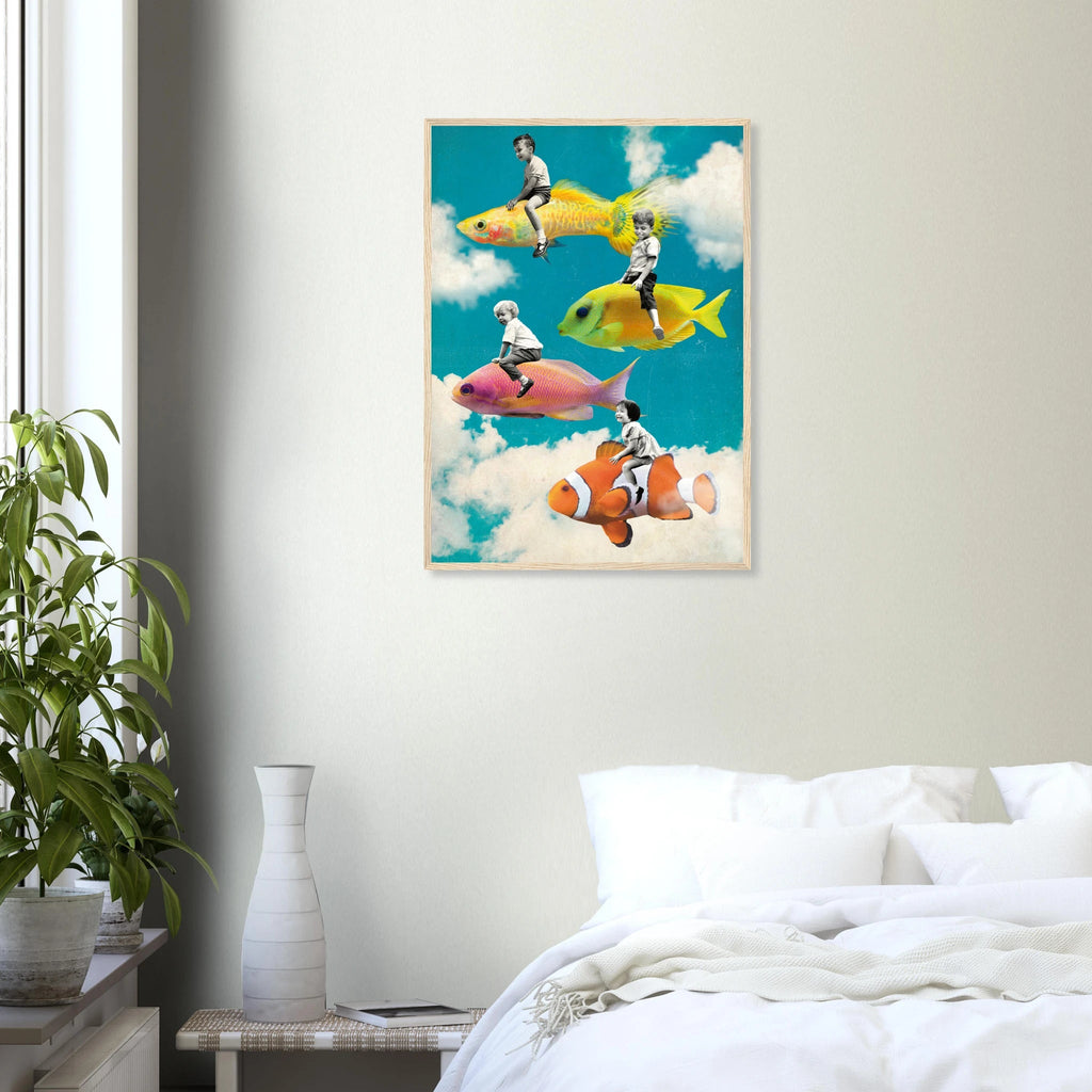 „Dream Riders“ – Surreales Fisch Poster mit Holzrahmen | Fantasie Wandkunst – Poster for everyday use | azikx.store