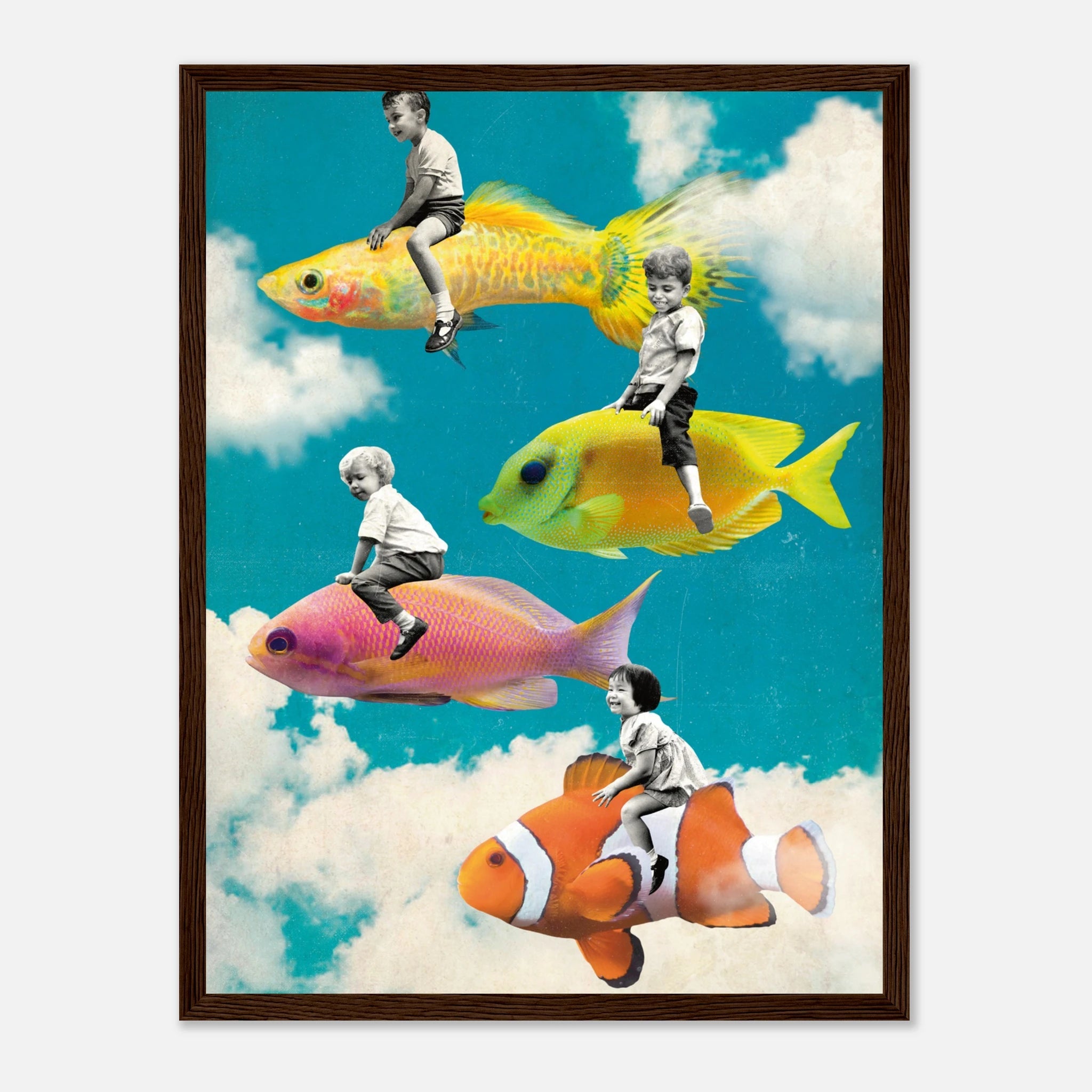 „Dream Riders“ – Surreales Fisch Poster mit Holzrahmen | Fantasie Wandkunst – Poster for everyday use | azikx.store