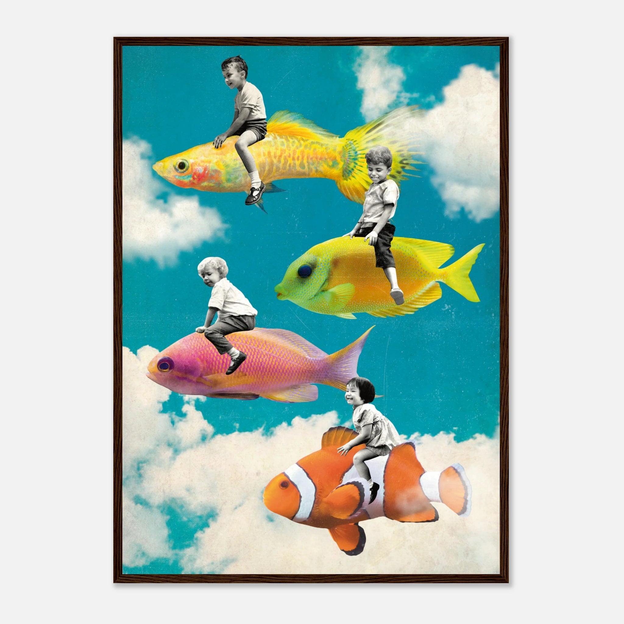 „Dream Riders“ – Surreales Fisch Poster mit Holzrahmen | Fantasie Wandkunst – Poster for everyday use | azikx.store