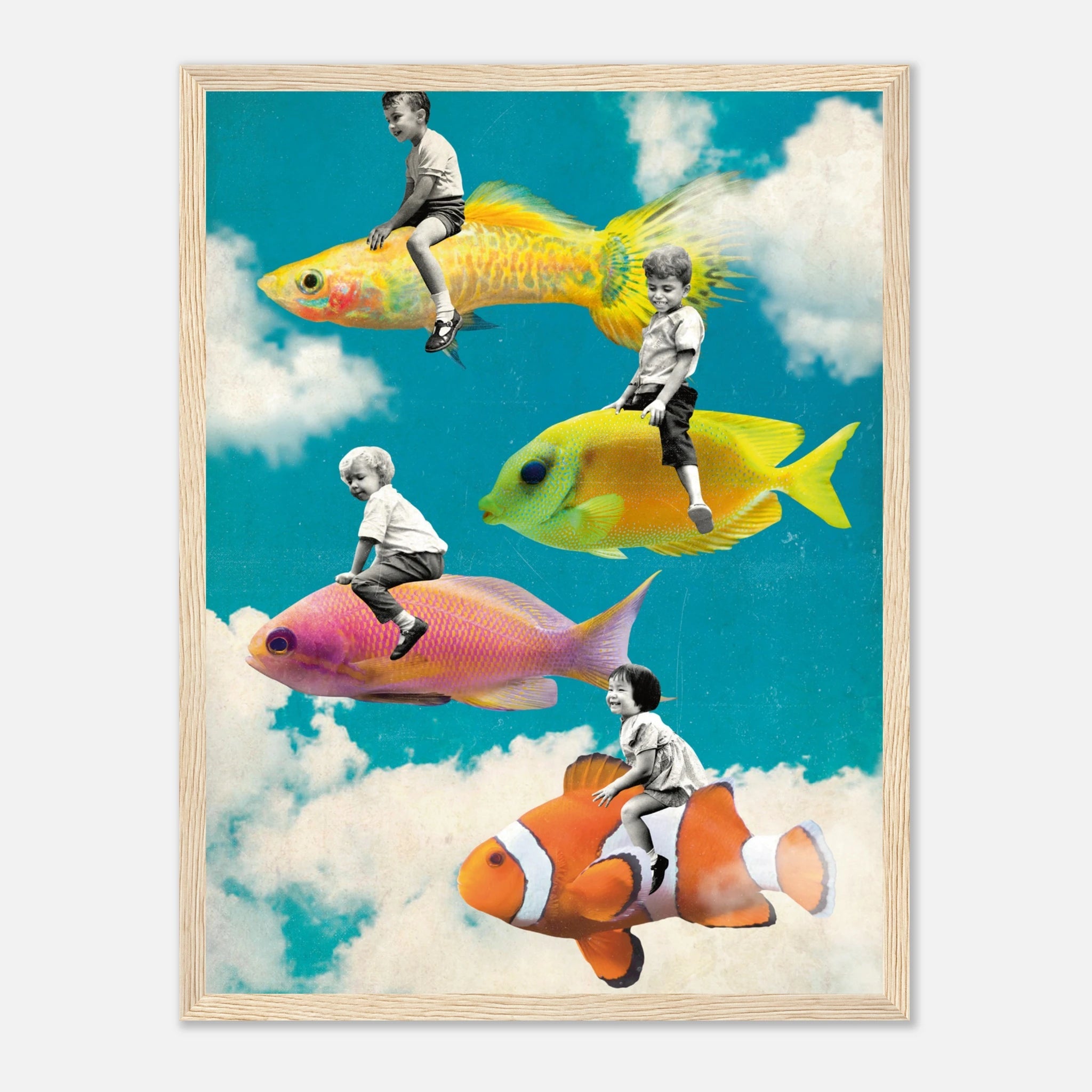 „Dream Riders“ – Surreales Fisch Poster mit Holzrahmen | Fantasie Wandkunst – Poster for everyday use | azikx.store