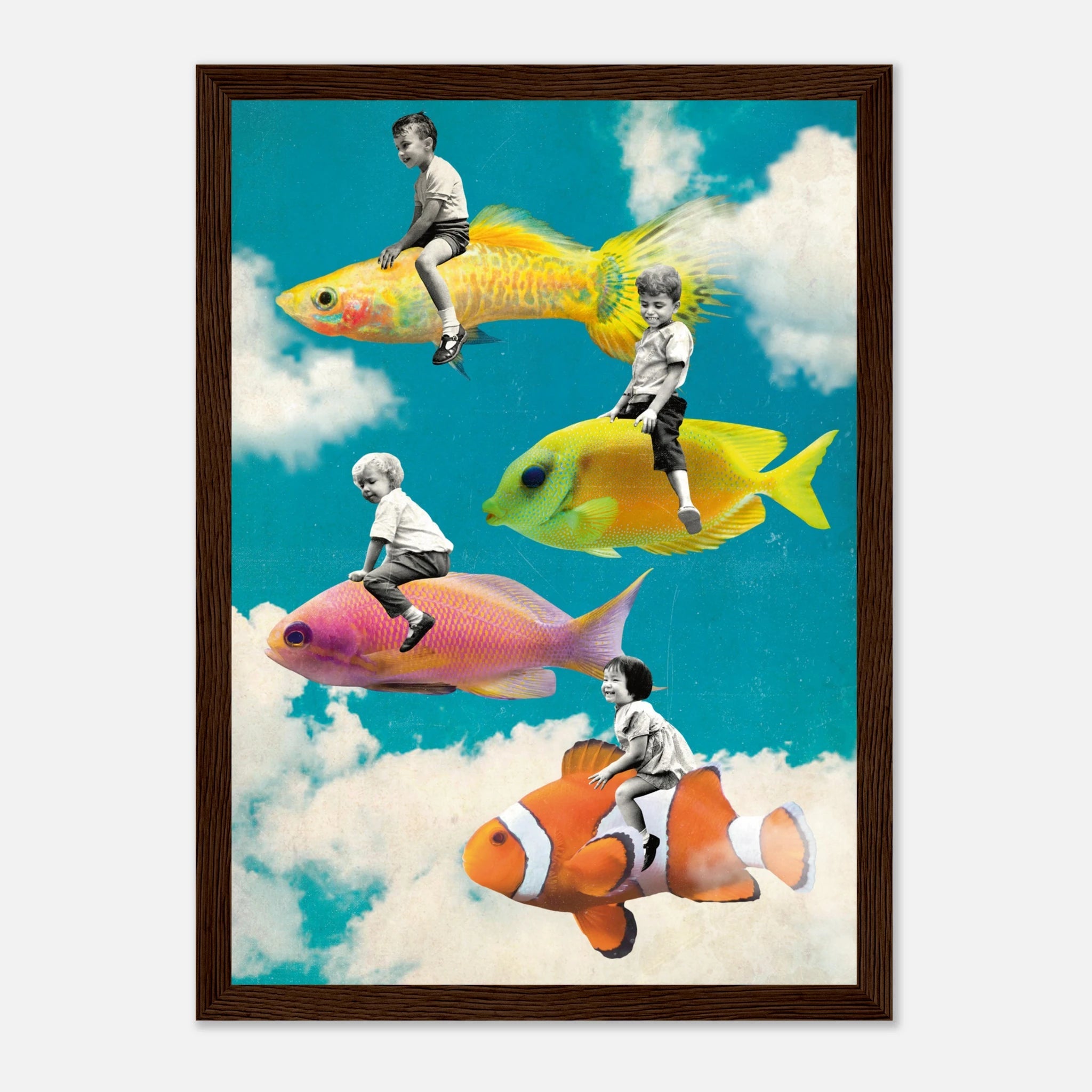 „Dream Riders“ – Surreales Fisch Poster mit Holzrahmen | Fantasie Wandkunst – Poster for everyday use | azikx.store