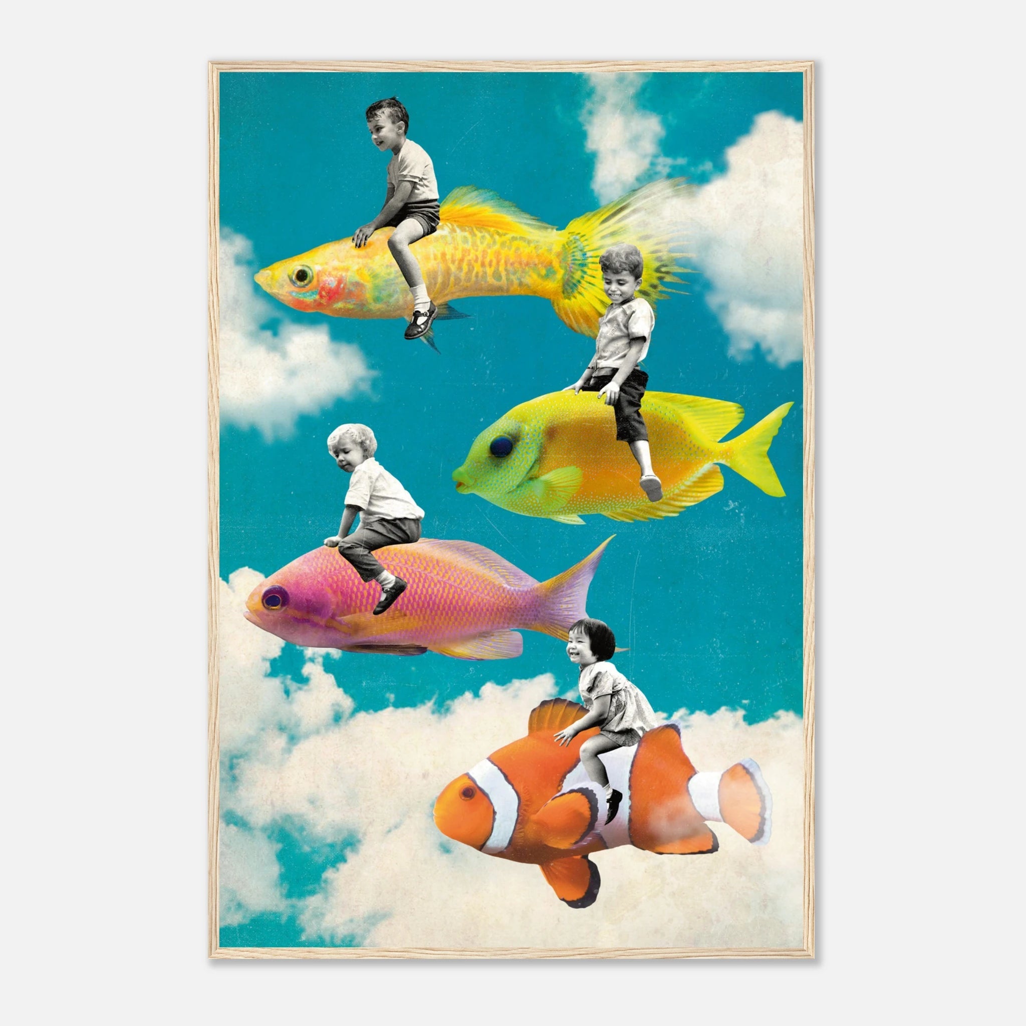 „Dream Riders“ – Surreales Fisch Poster mit Holzrahmen | Fantasie Wandkunst – Poster for everyday use | azikx.store