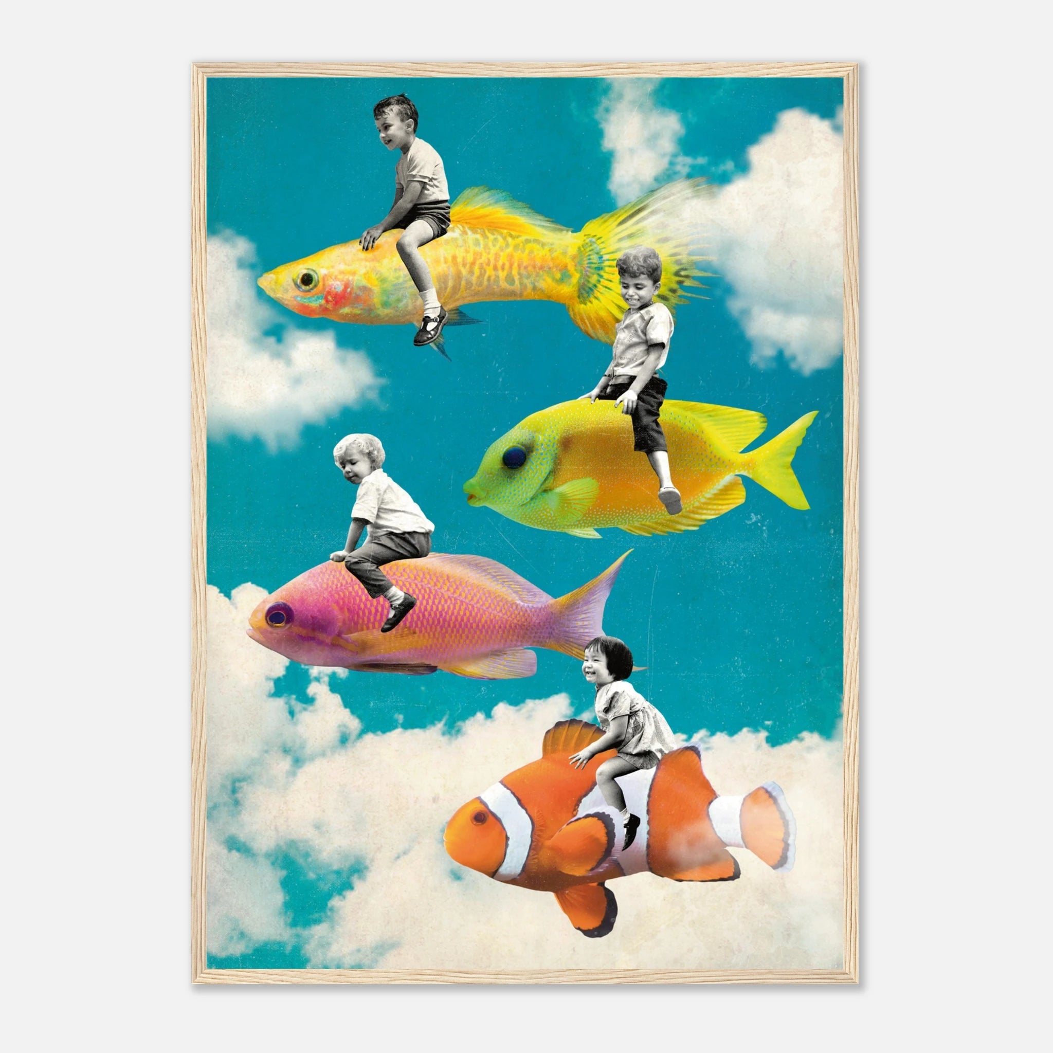 „Dream Riders“ – Surreales Fisch Poster mit Holzrahmen | Fantasie Wandkunst – Poster for everyday use | azikx.store