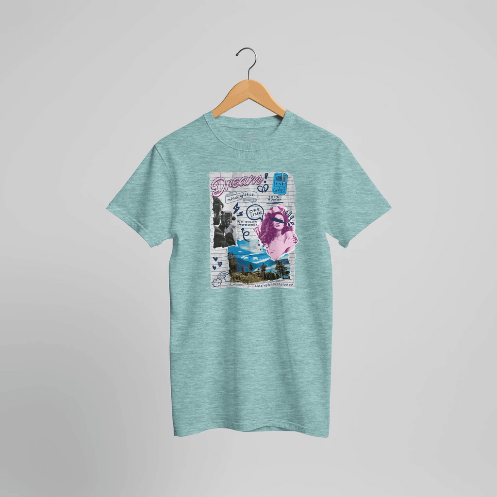 Heather mint-green T-shirt with a colorful journal collage of a portrait, lettering and a landscape, front view.