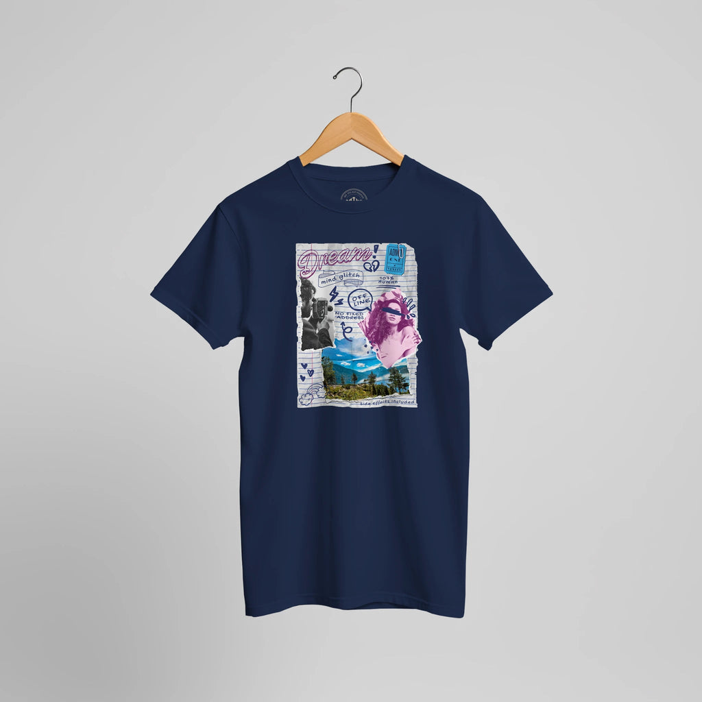 Navy blue T-shirt with a colorful journal collage of a portrait, lettering and a landscape, front view.