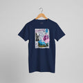 Navy blue T-shirt with a colorful journal collage of a portrait, lettering and a landscape, front view.
