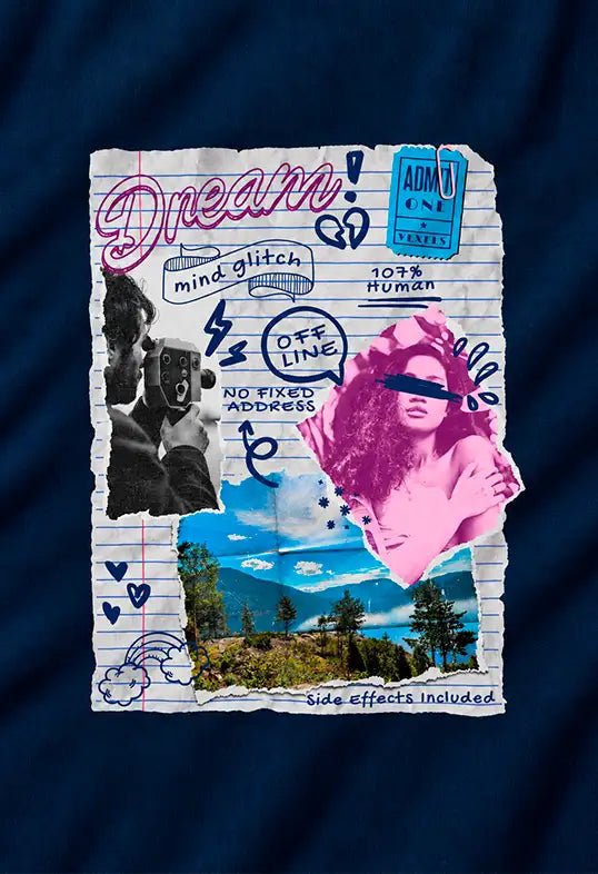 AZIKX „Dream Mind Glitch“-Motiv mit kreativem Collage-Design im urbanen Streetwear-Stil