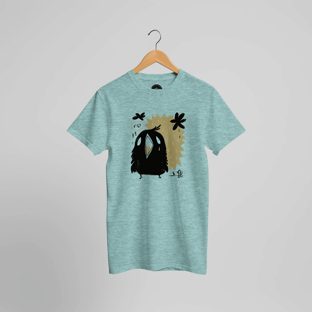 Mintgrün meliertes T-Shirt mit schwarzem Comic-Raben und olivgrünem Hintergrund im Motiv, Vorderansicht.