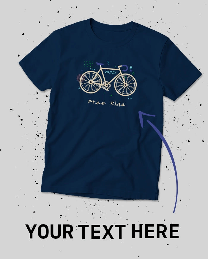Navy blue t-shirt with minimalist bicycle graphic and “Free Ride” text
