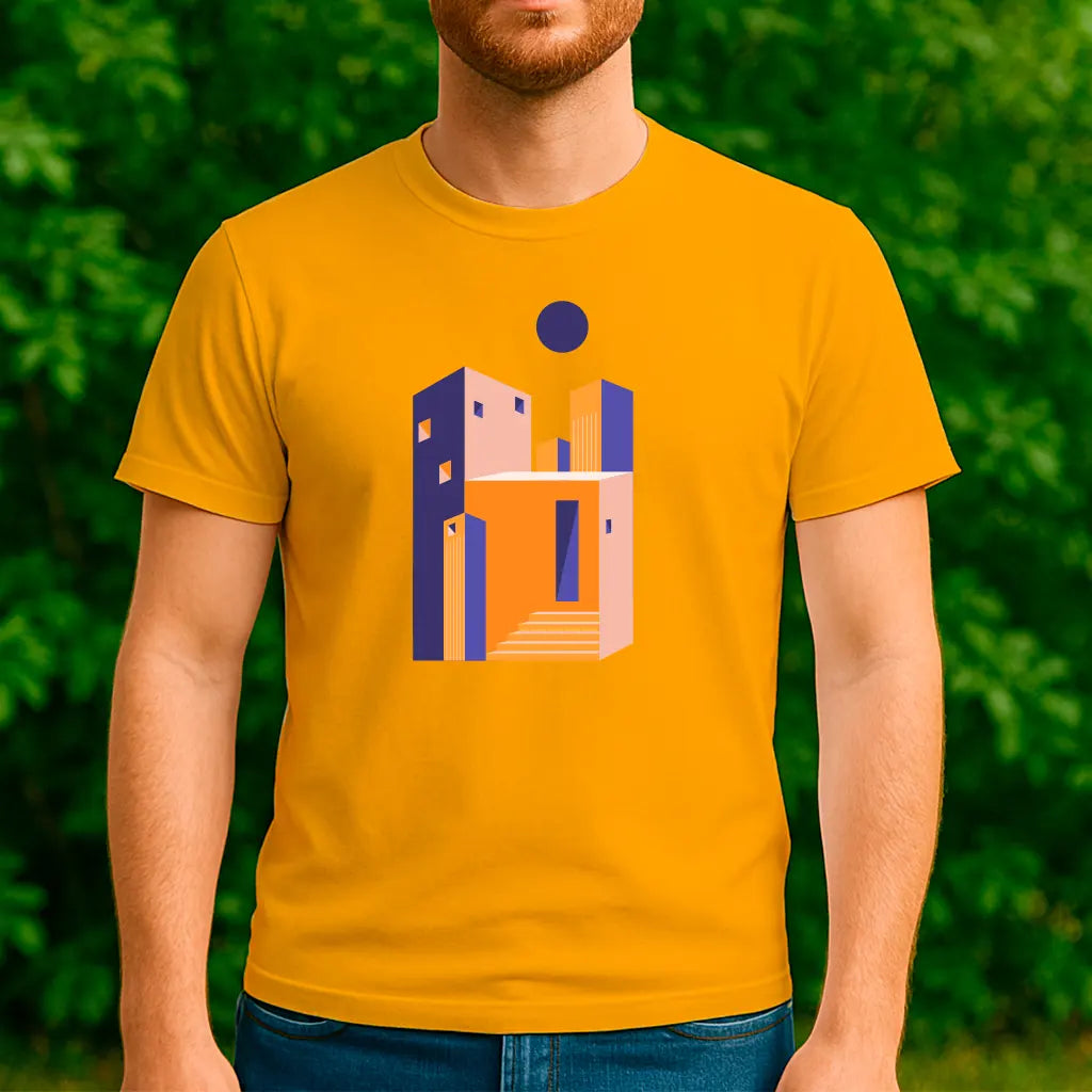 Yellow t-shirt with minimalist geometric architecture illustration on the front
