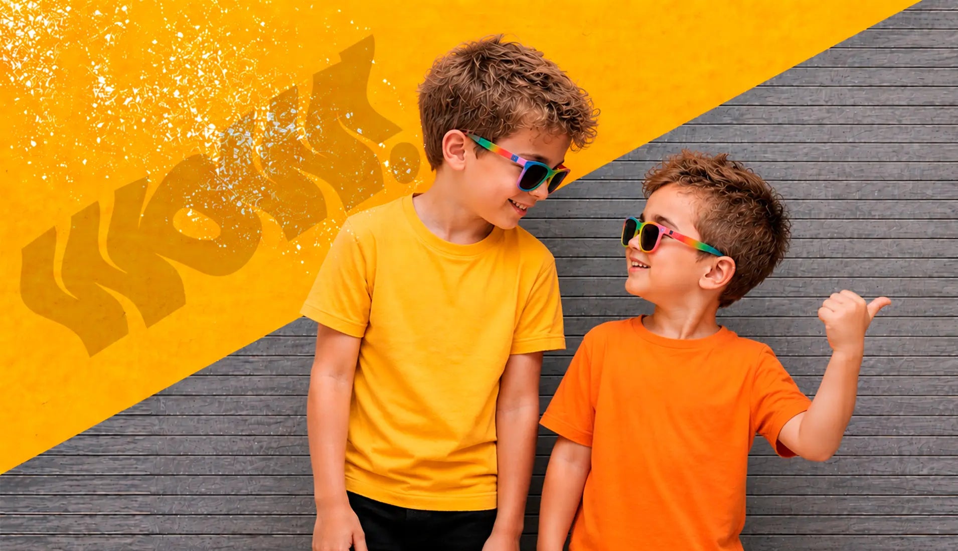 Two happy children wearing colorful premium T-shirts and sunglasses, showcasing comfortable kids fashion, everyday summer clothing, and customizable children's apparel, exclusive design by AZIKX.