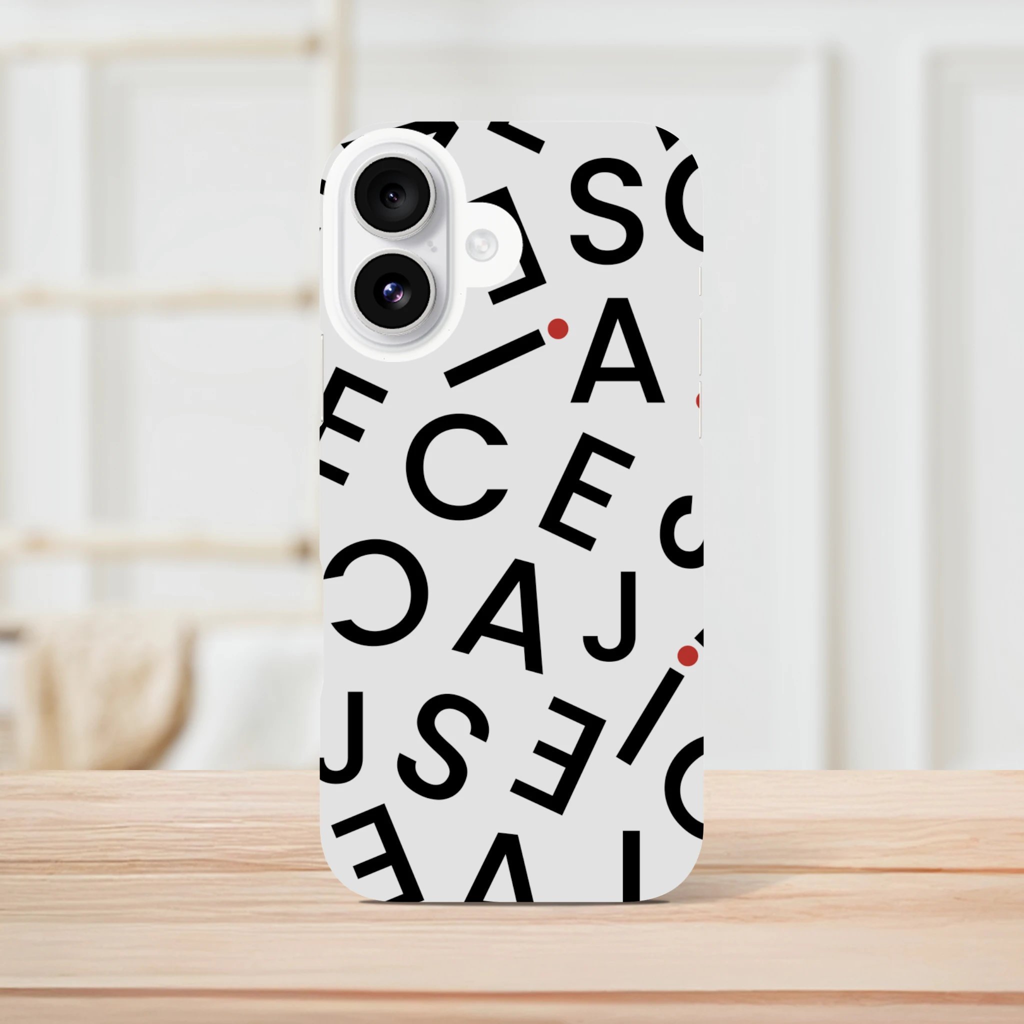Minimalist iPhone case with hidden name typography design in black and white
