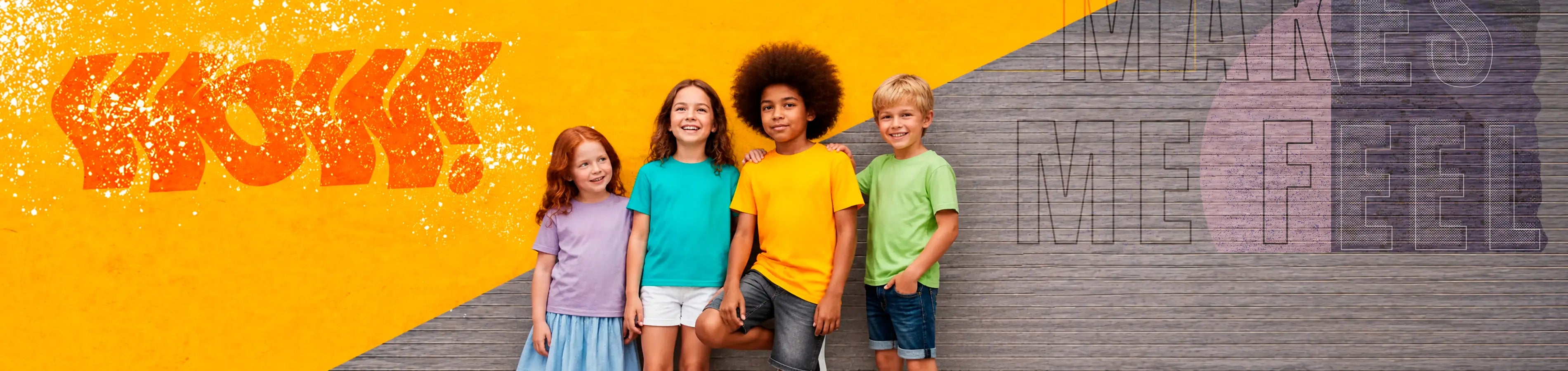 Colorful kids wearing premium blank T-shirts in vibrant colors, promoting comfortable children's apparel, everyday fashion, and customizable kids clothing, exclusive design by AZIKX.
