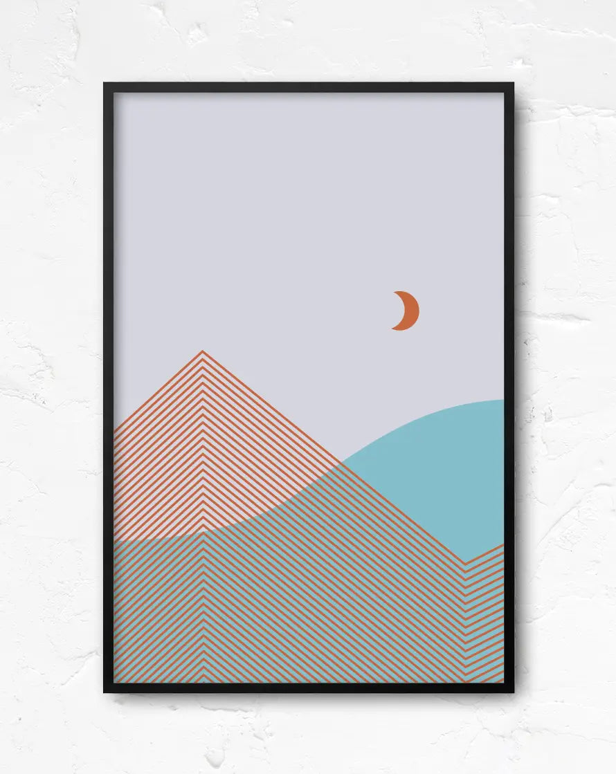 Minimalist abstract landscape poster with geometric lines and crescent moon
