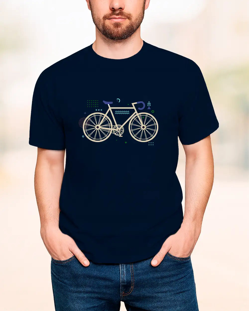Navy blue t-shirt with minimalist bicycle graphic illustration on the front
