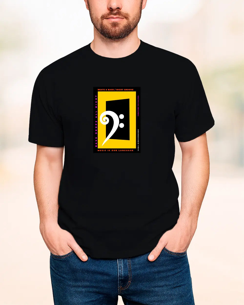 Black t-shirt with modern music festival poster graphic featuring a bass clef
