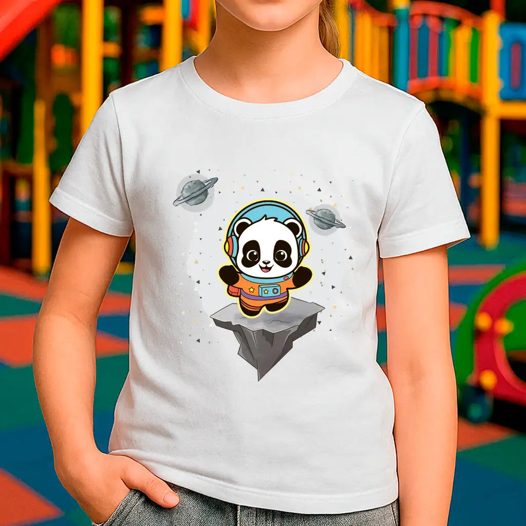 Kids white t-shirt with cute panda astronaut illustration in space theme
