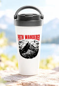 AZIKX weißer Edelstahl-Isolierbecher mit Bergmotiv und „Path Wanderer“-Schriftzug