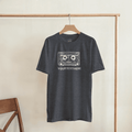 Heather charcoal T-shirt with a retro cassette and sample text “YOUR TEXT HERE”, front view.