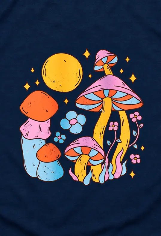 AZIKX farbenfrohes Pilzmotiv mit Blumen, Sternen und Mond im psychedelischen Retro-Stil auf dunkelblauem Stoff