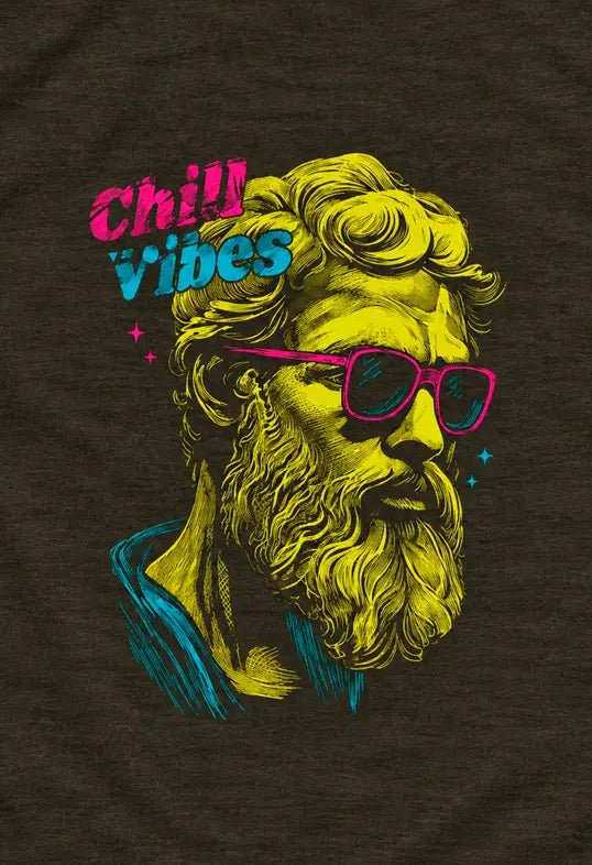 AZIKX „Chill Vibes“-Motiv mit antikem Philosophen, pinker Sonnenbrille und leuchtenden Neonfarben im Pop-Art-Stil