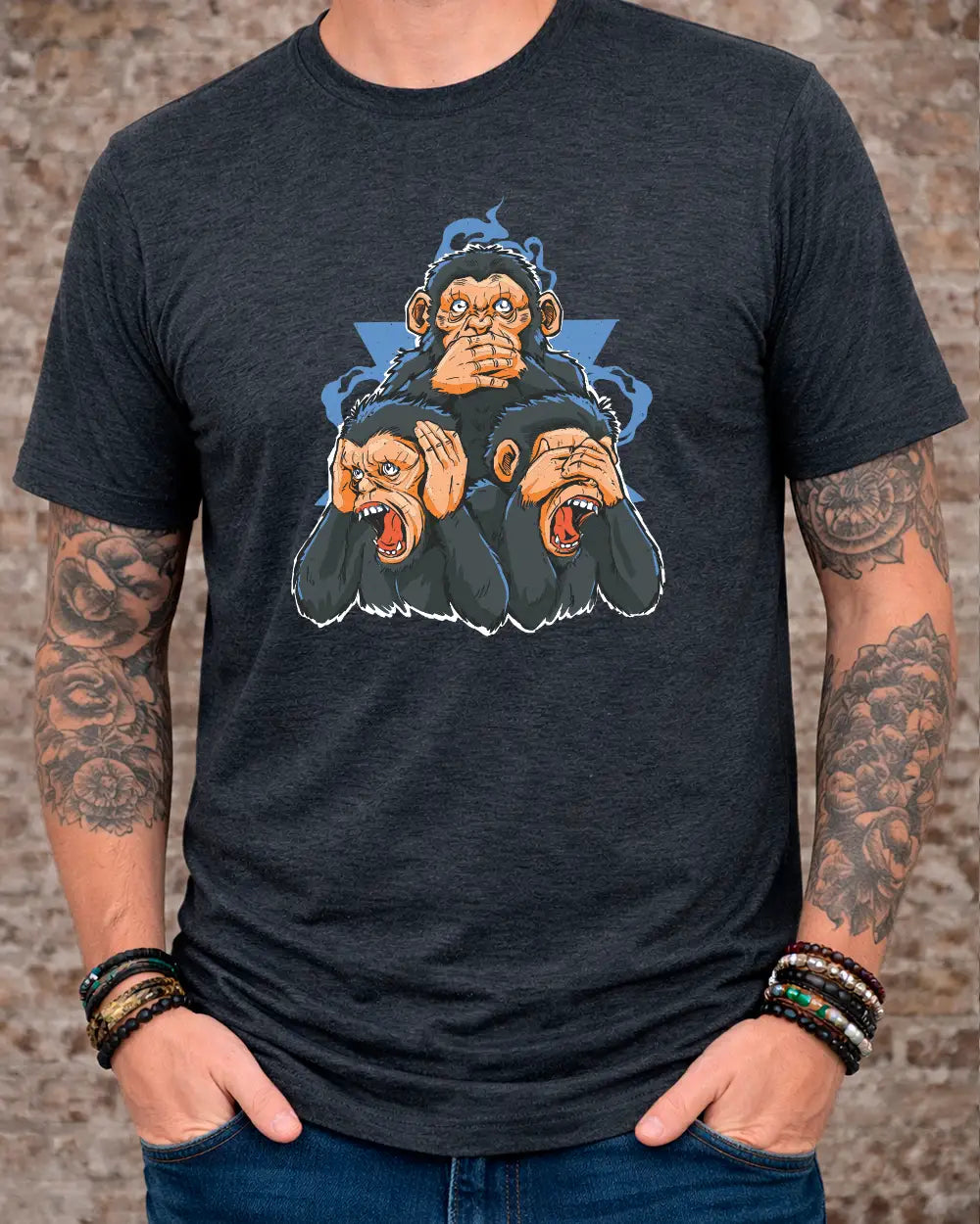 Graphic t-shirt with illustrated three monkeys design on dark fabric by AZIKX
